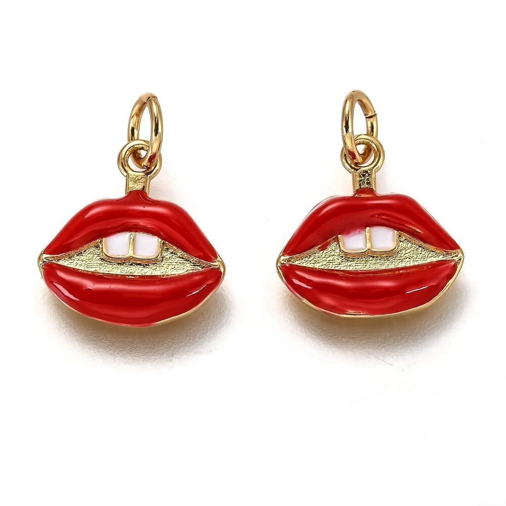 8237 5 pcs Red Lip with Teeth Theme Brass Enamel Charms Mouth Makeup Kiss